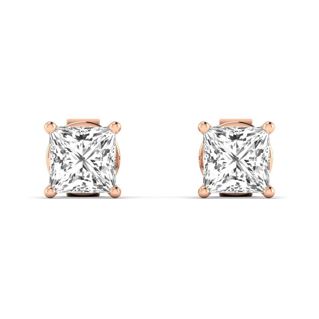 Elegant princess cut diamond stud earrings set in a sleek metal setting, offering a brilliant and modern look | Rose Gold | Front View