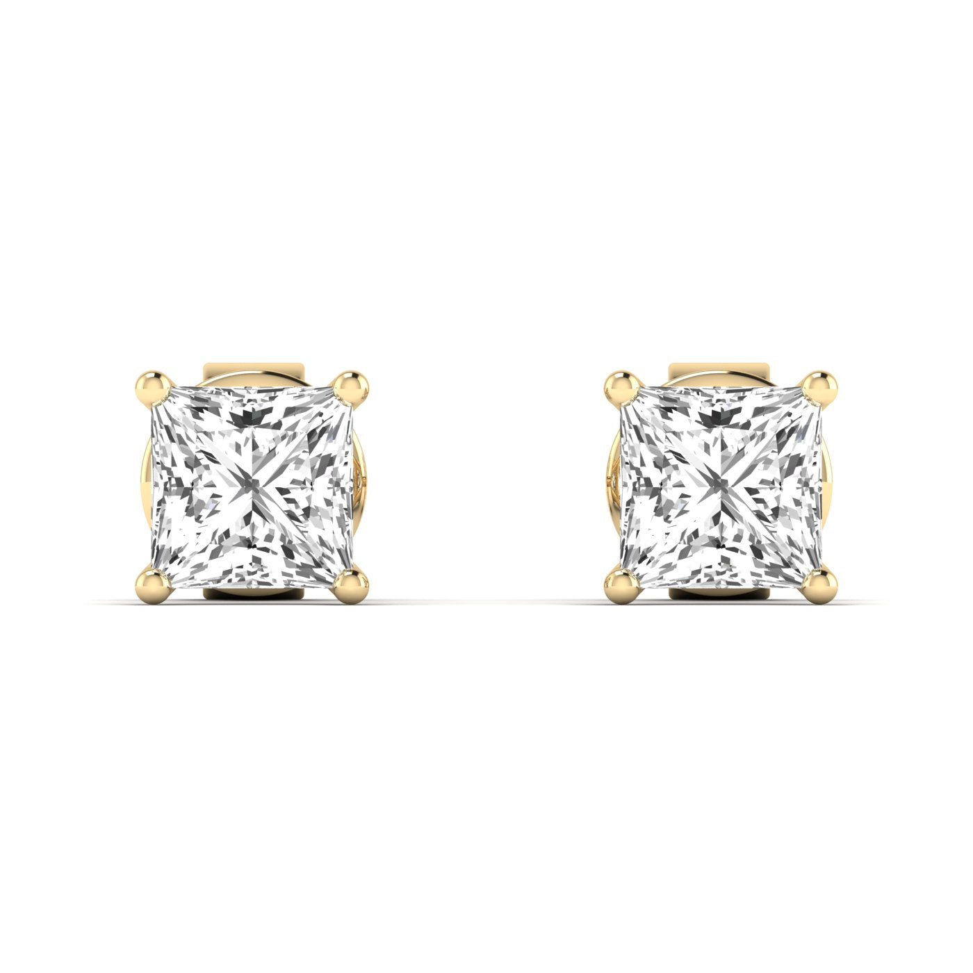 Elegant princess cut diamond stud earrings set in a sleek metal setting, offering a brilliant and modern look | Yellow Gold | Front View