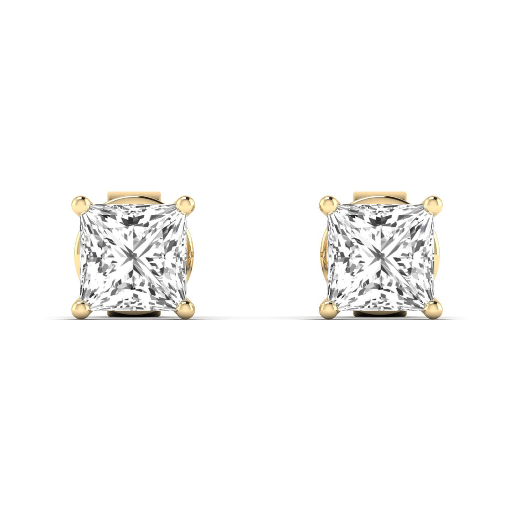 Elegant princess cut diamond stud earrings set in a sleek metal setting, offering a brilliant and modern look | Yellow Gold | Front View