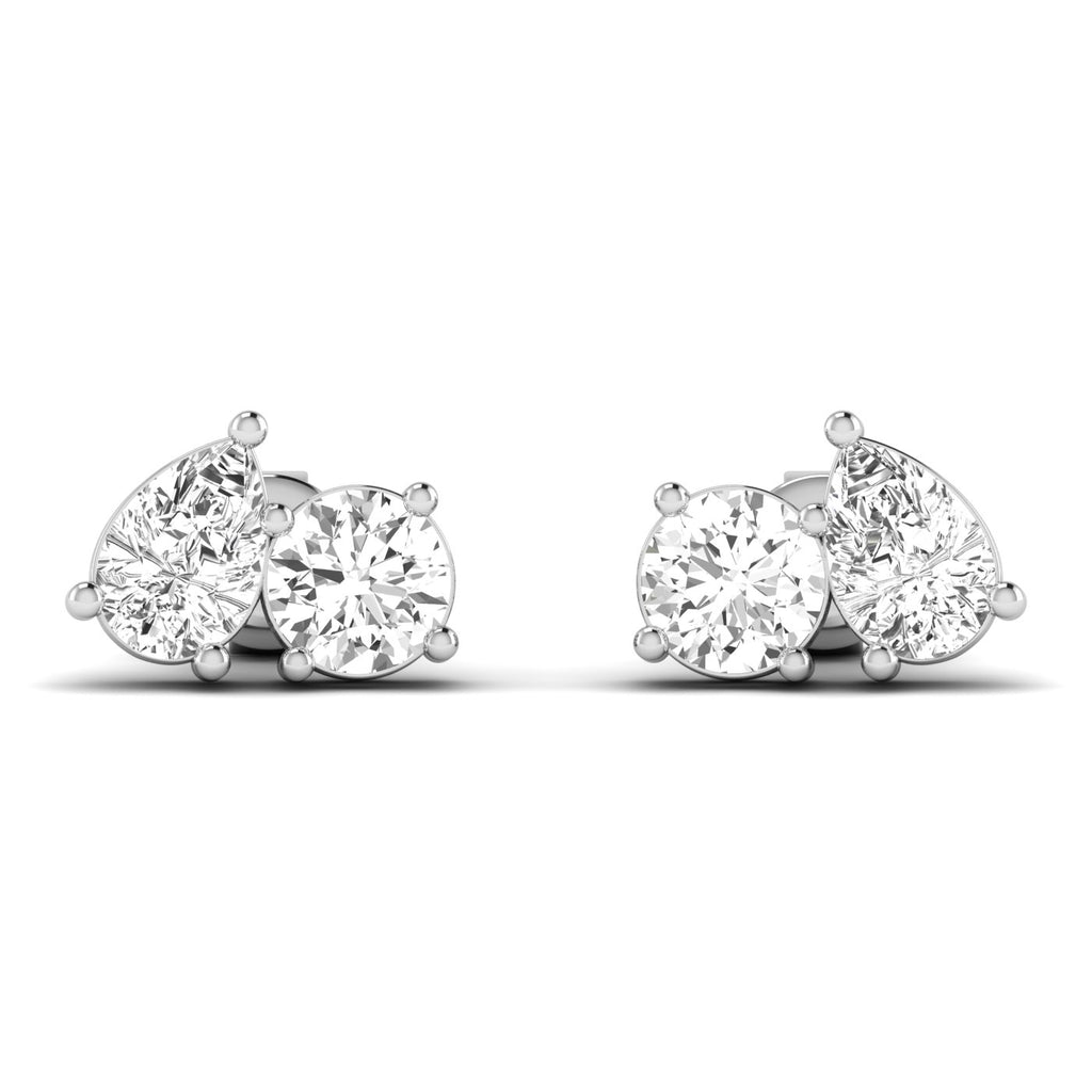 Elegant round and pear diamond Toi et Moi earrings in platinum setting, symbolizing love and unity | White Gold | Front View