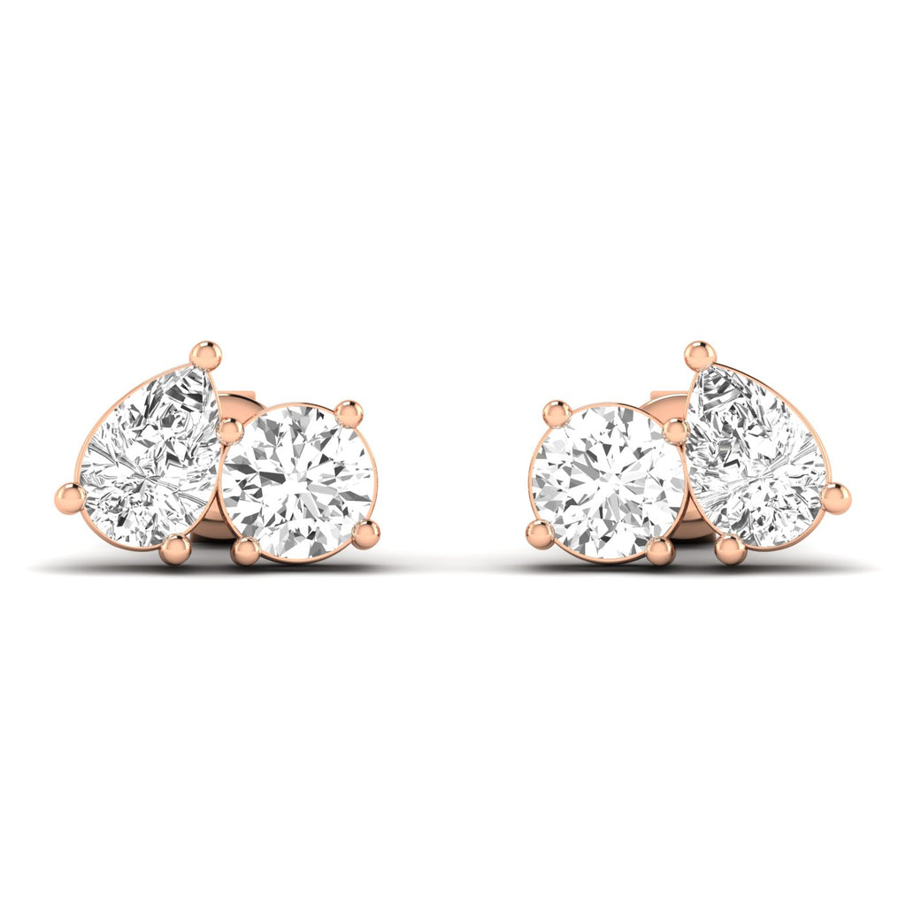 Elegant round and pear diamond Toi et Moi earrings in platinum setting, symbolizing love and unity | Rose Gold | Front View