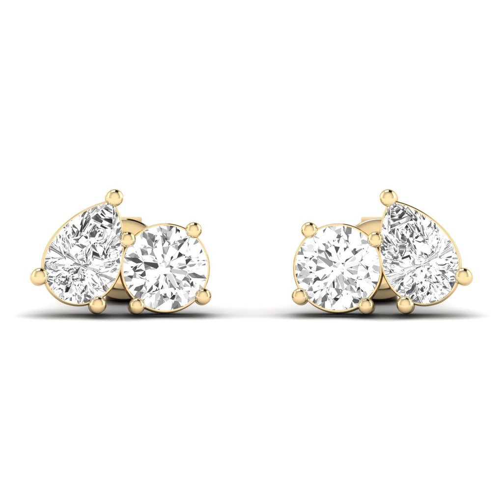 Elegant round and pear diamond Toi et Moi earrings in platinum setting, symbolizing love and unity | Yellow Gold | Front View