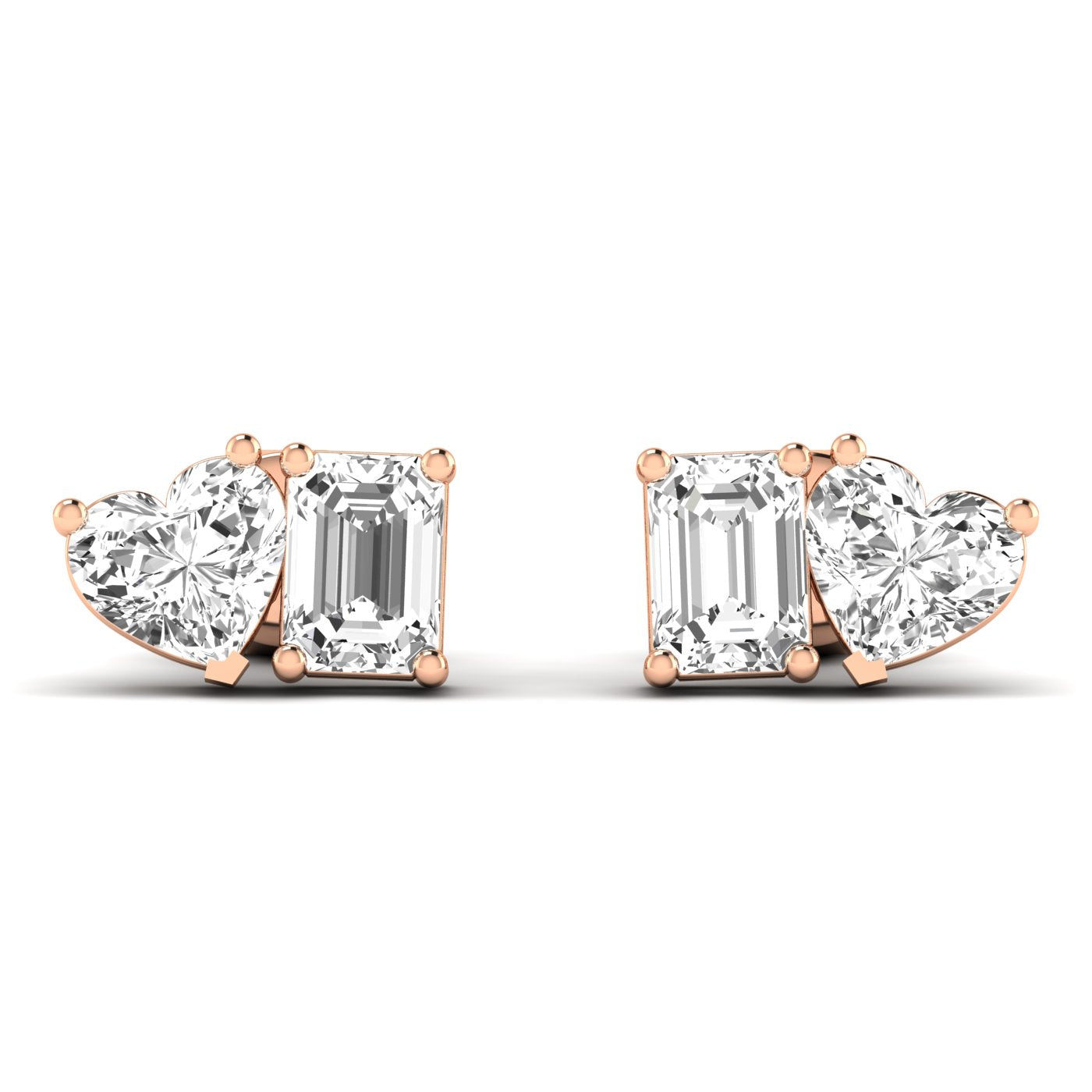 Elegant emerald cut heart diamond Toi et Moi earrings in a luxurious platinum setting, symbolizing love and timeless beauty | Rose Gold | Front View