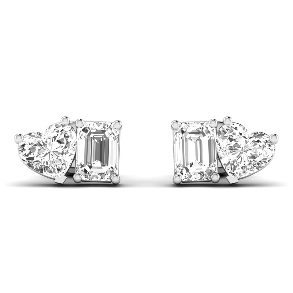 Elegant emerald cut heart diamond Toi et Moi earrings in a luxurious platinum setting, symbolizing love and timeless beauty | White Gold | Front View