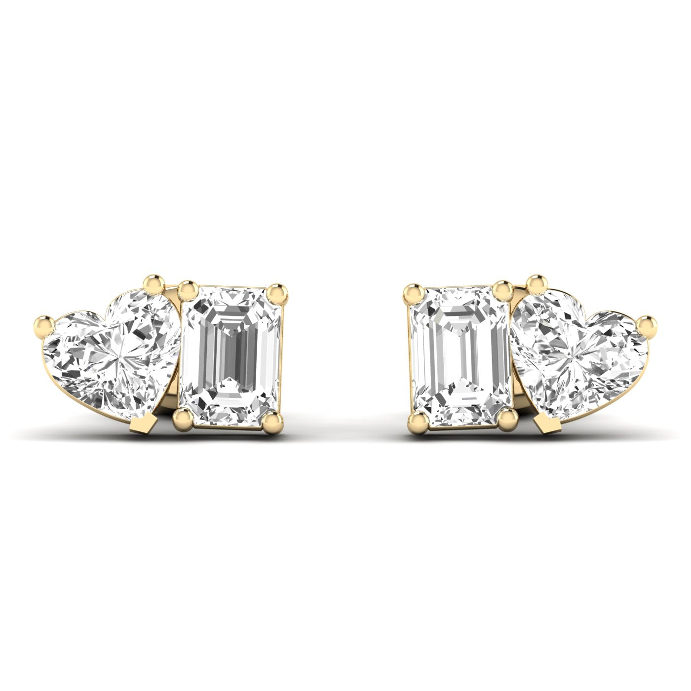 Elegant emerald cut heart diamond Toi et Moi earrings in a luxurious platinum setting, symbolizing love and timeless beauty | Yellow Gold | Front View