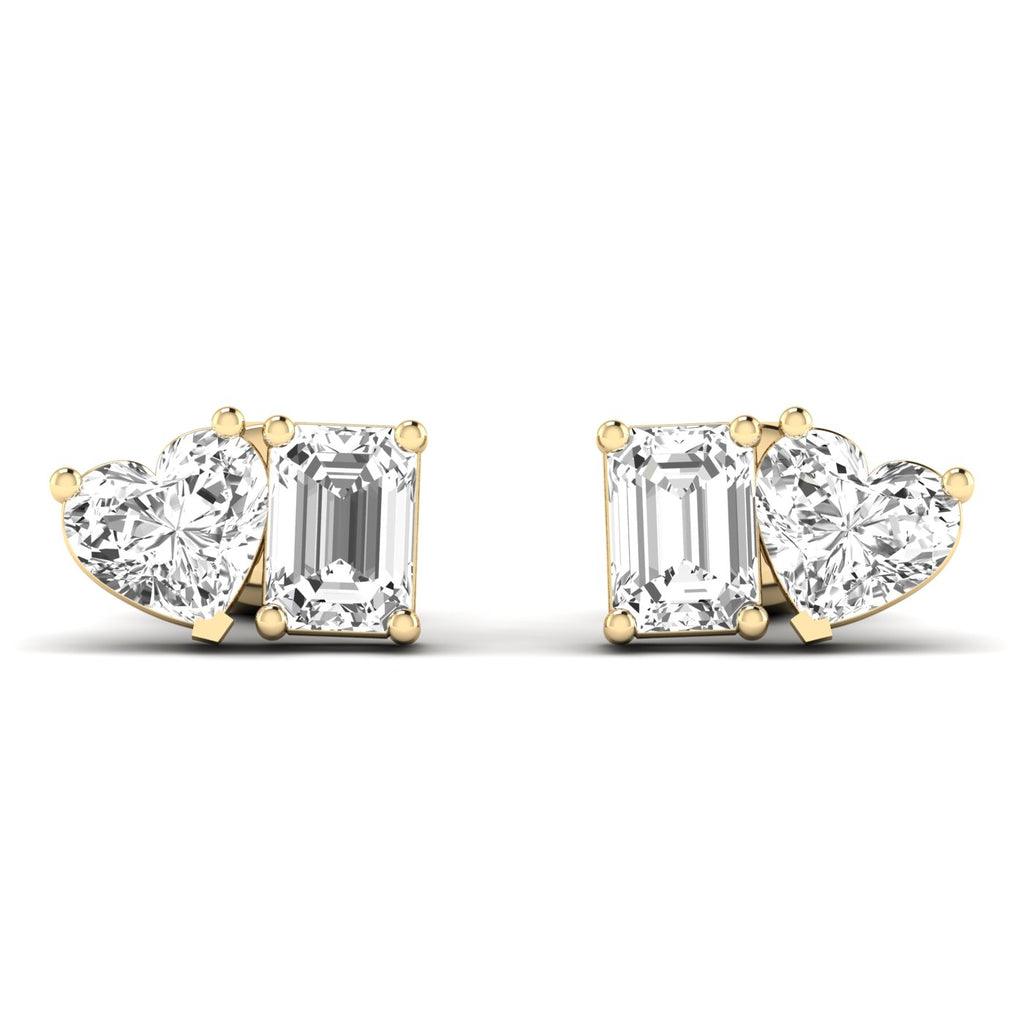 Elegant emerald cut heart diamond Toi et Moi earrings in a luxurious platinum setting, symbolizing love and timeless beauty | Yellow Gold | Front View