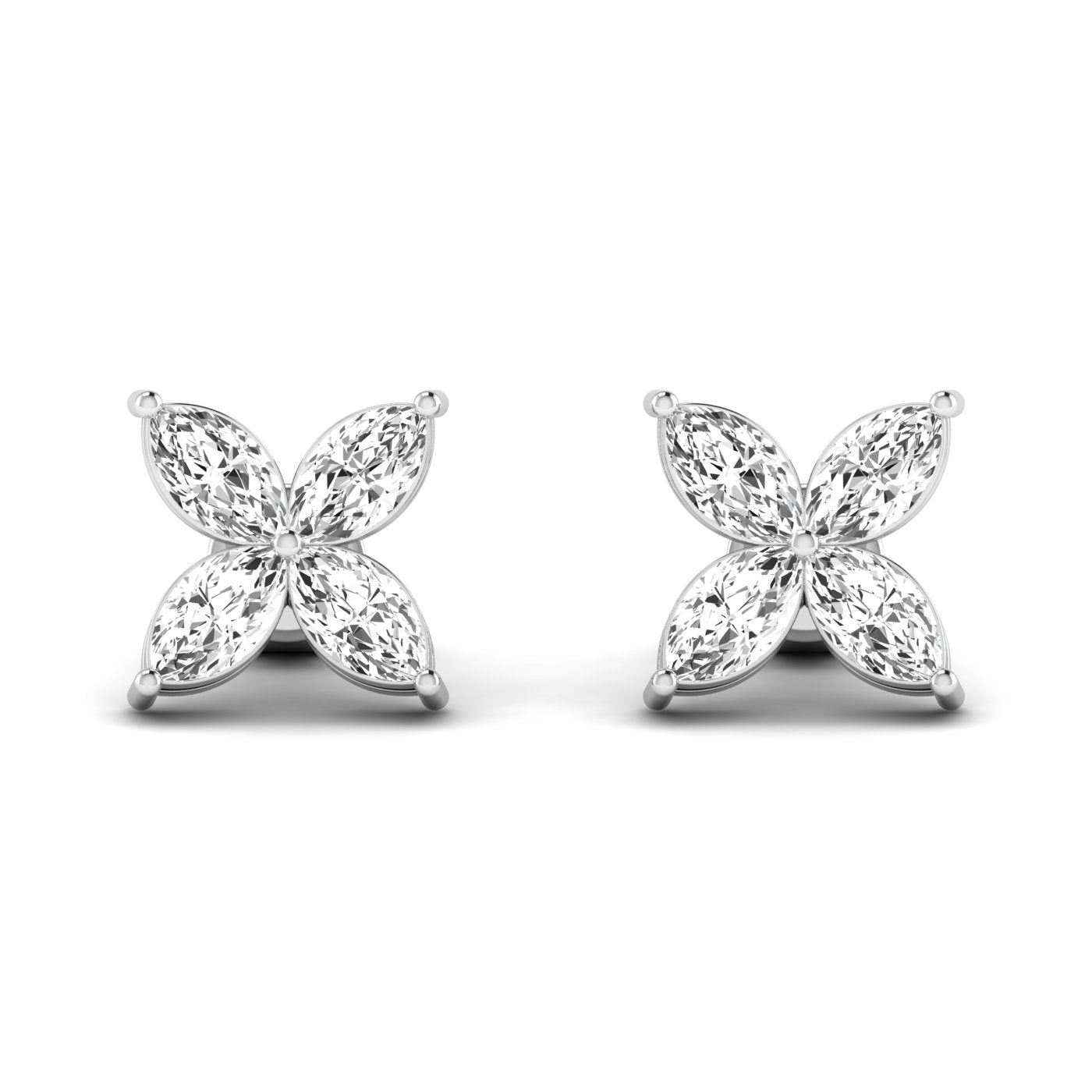 Stunning marquise cluster pedal stud earrings with brilliant diamonds, designed for elegance and sophistication in a timeless setting | White Gold | Front View