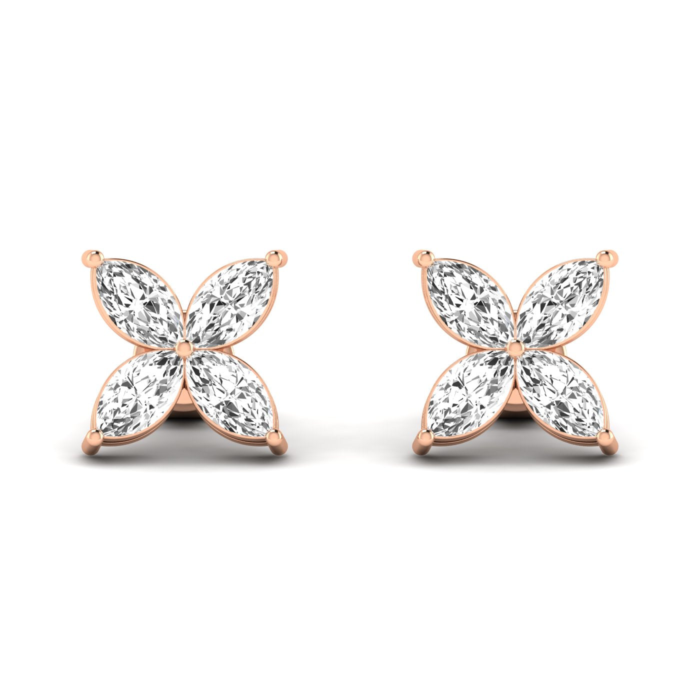 Stunning marquise cluster pedal stud earrings with brilliant diamonds, designed for elegance and sophistication in a timeless setting | Rose Gold | Front View