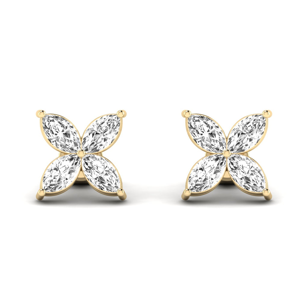 Stunning marquise cluster pedal stud earrings with brilliant diamonds, designed for elegance and sophistication in a timeless setting | Yellow Gold | Front View