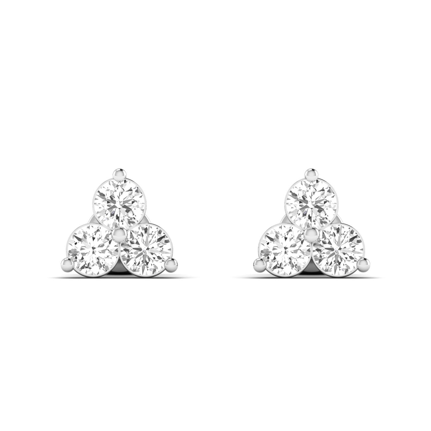 Elegant Trinity round diamond stud earrings set in platinum, symbolizing timeless beauty and sophistication | White Gold | Front View