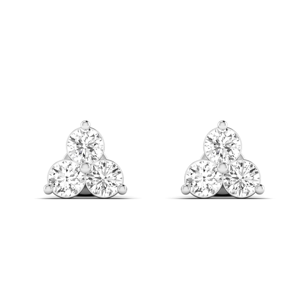 Elegant Trinity round diamond stud earrings set in platinum, symbolizing timeless beauty and sophistication | White Gold | Front View