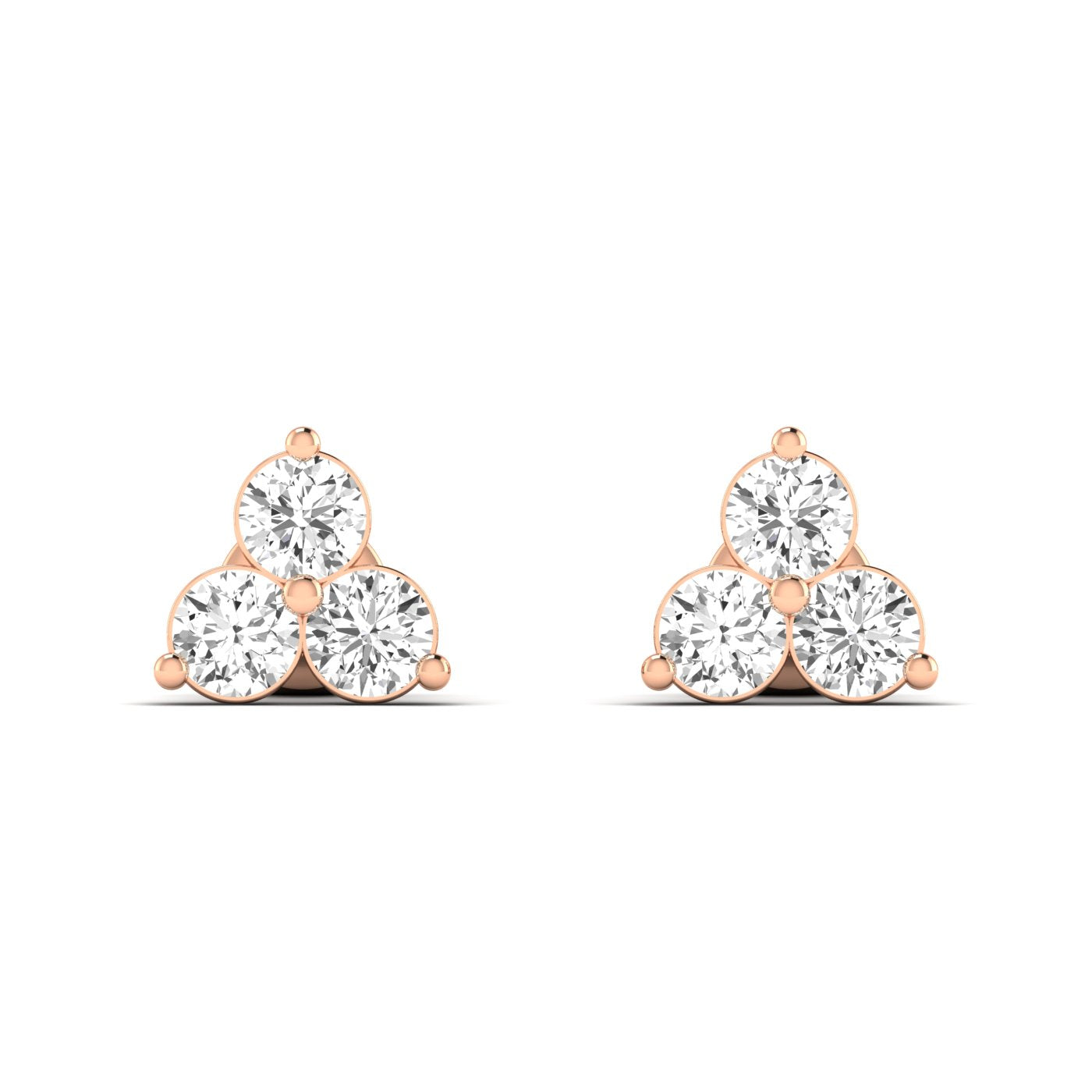 Elegant Trinity round diamond stud earrings set in platinum, symbolizing timeless beauty and sophistication | Rose Gold | Front View