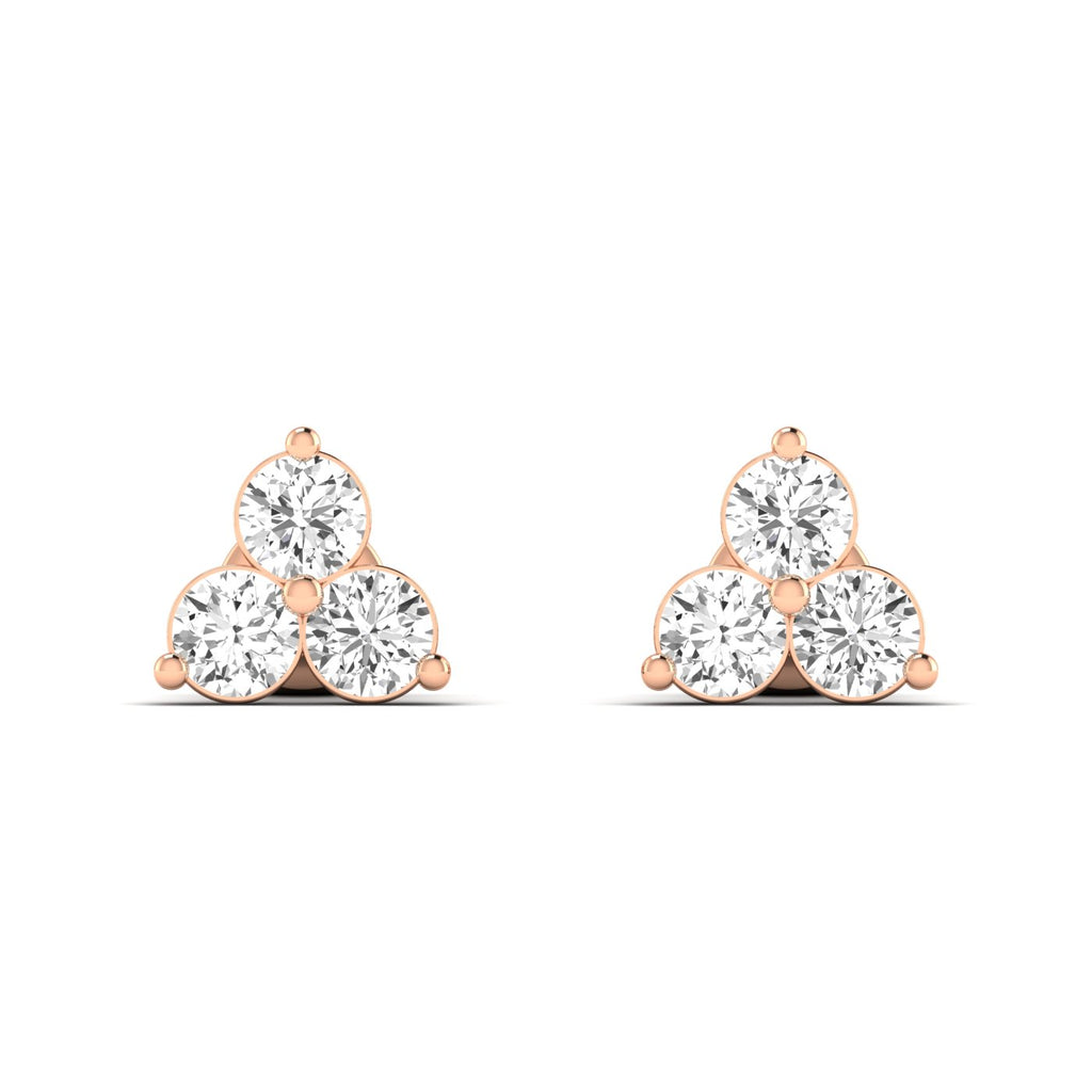 Elegant Trinity round diamond stud earrings set in platinum, symbolizing timeless beauty and sophistication | Rose Gold | Front View