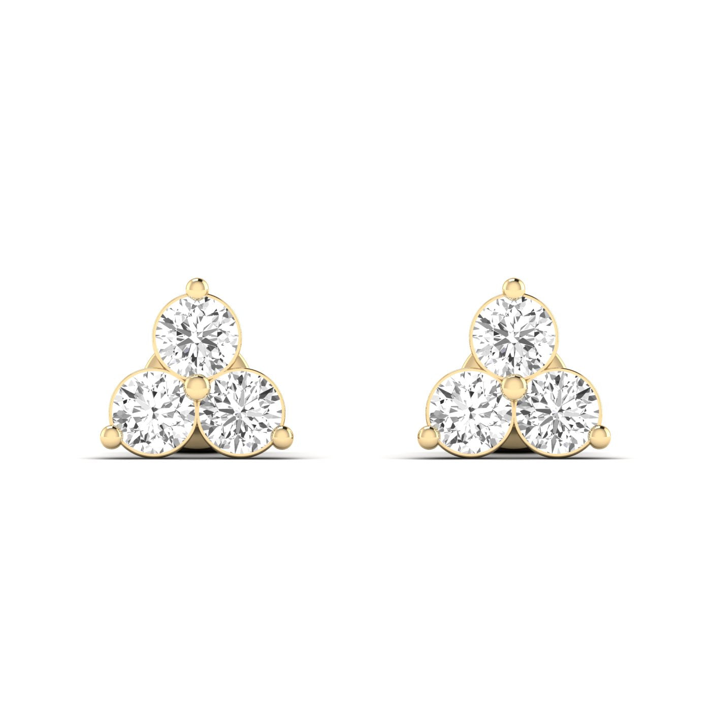 Elegant Trinity round diamond stud earrings set in platinum, symbolizing timeless beauty and sophistication | Yellow Gold | Front View