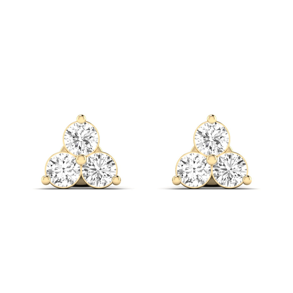 Elegant Trinity round diamond stud earrings set in platinum, symbolizing timeless beauty and sophistication | Yellow Gold | Front View