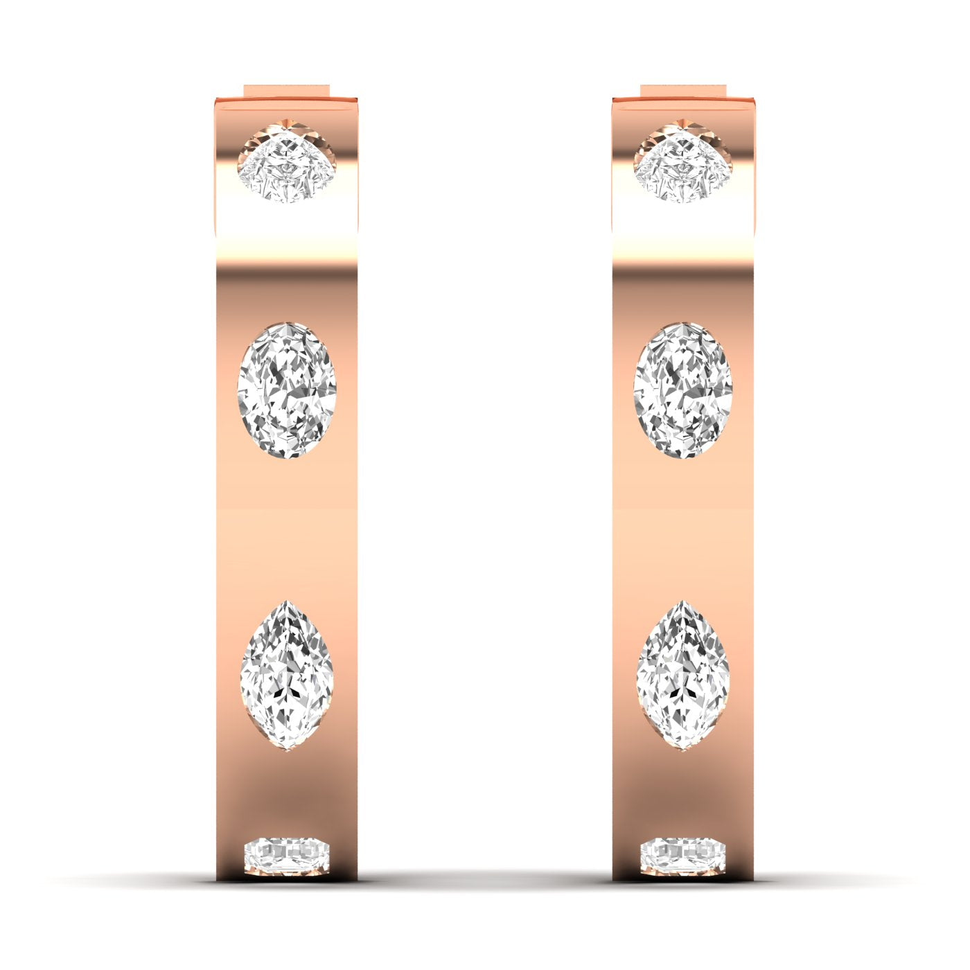 Elegant brilliant oval and pear diamond hoop earrings featuring a mix of oval and pear-shaped diamonds, set in fine metal for a luxurious and unique design | Rose Gold | Front View