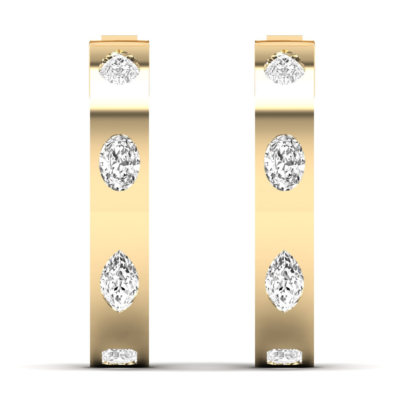 Elegant brilliant oval and pear diamond hoop earrings featuring a mix of oval and pear-shaped diamonds, set in fine metal for a luxurious and unique design | Yellow Gold | Front View