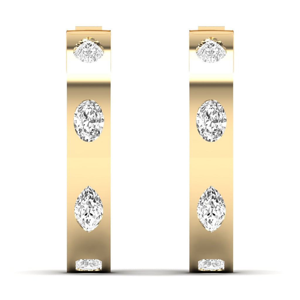 Elegant brilliant oval and pear diamond hoop earrings featuring a mix of oval and pear-shaped diamonds, set in fine metal for a luxurious and unique design | Yellow Gold | Front View