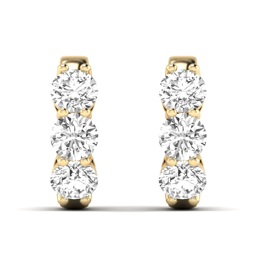 Exquisite Trinity diamond hoop earrings featuring three stunning diamonds set in a sleek hoop design, offering a timeless and elegant look for any occasion | Yellow Gold | Front View