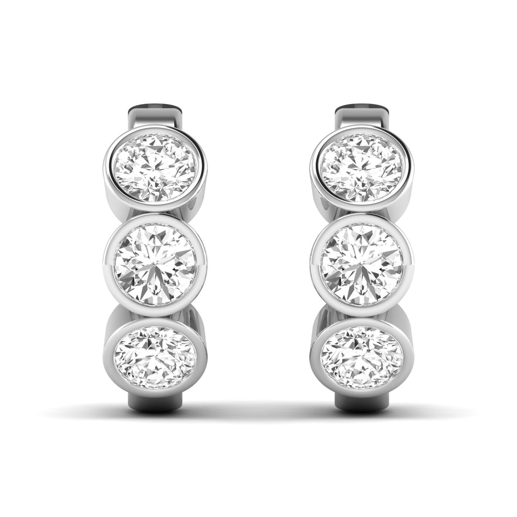 Elegant Trinity bezel diamond hoop earrings featuring three radiant diamonds set in a sleek bezel design, offering a modern, timeless, and sophisticated look | White Gold | Front View