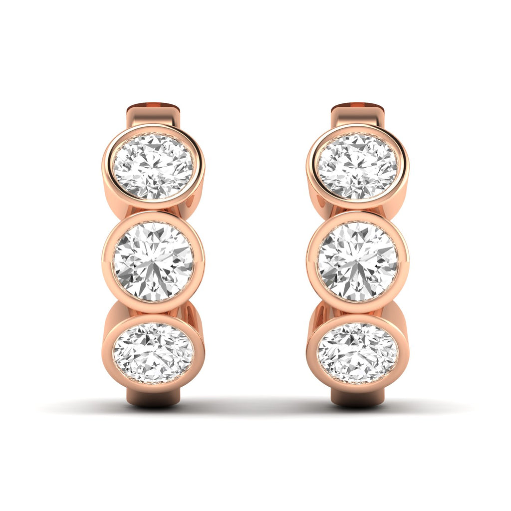 Elegant Trinity bezel diamond hoop earrings featuring three radiant diamonds set in a sleek bezel design, offering a modern, timeless, and sophisticated look | Rose Gold | Front View