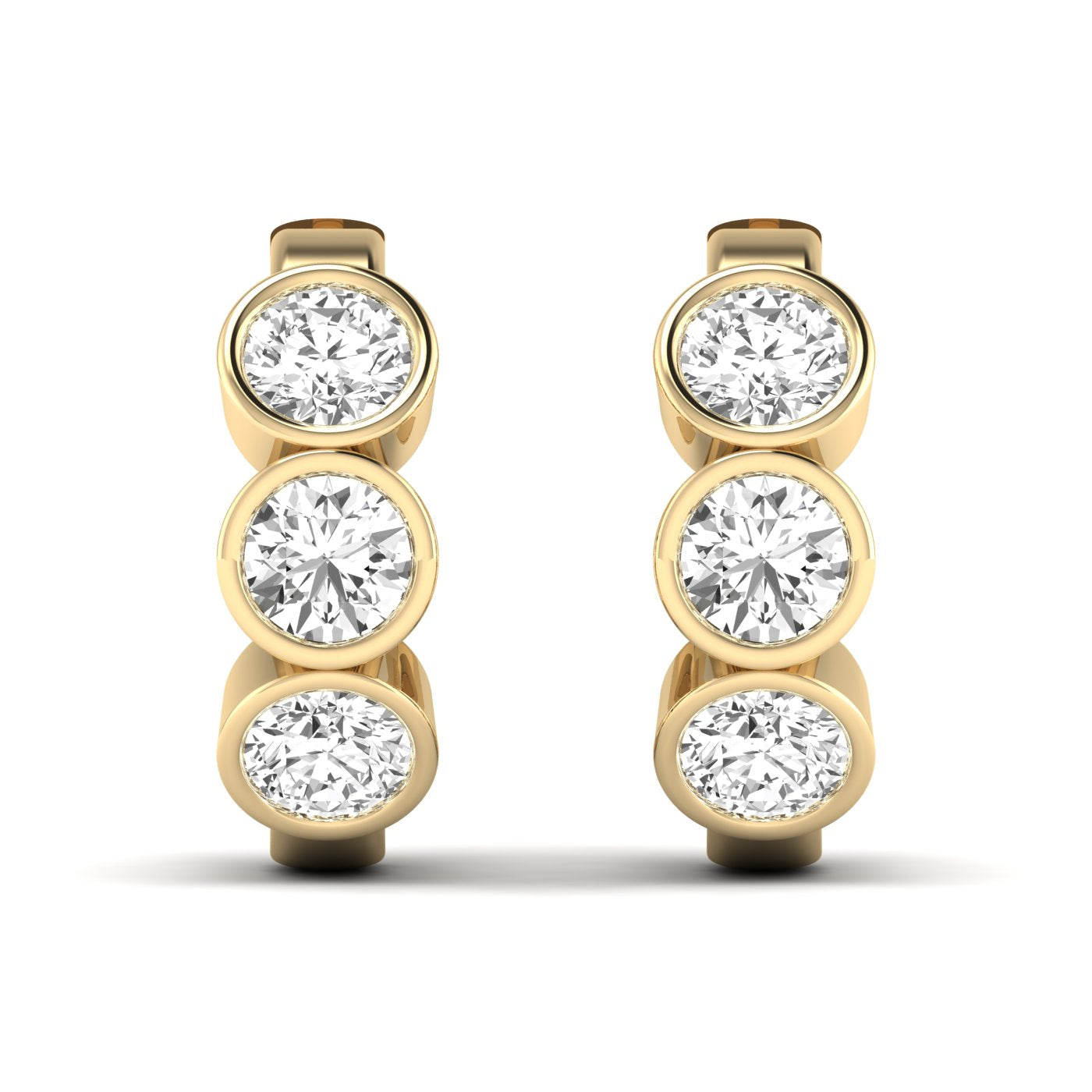 Elegant Trinity bezel diamond hoop earrings featuring three radiant diamonds set in a sleek bezel design, offering a modern, timeless, and sophisticated look | Yeiiow Gold | Front View