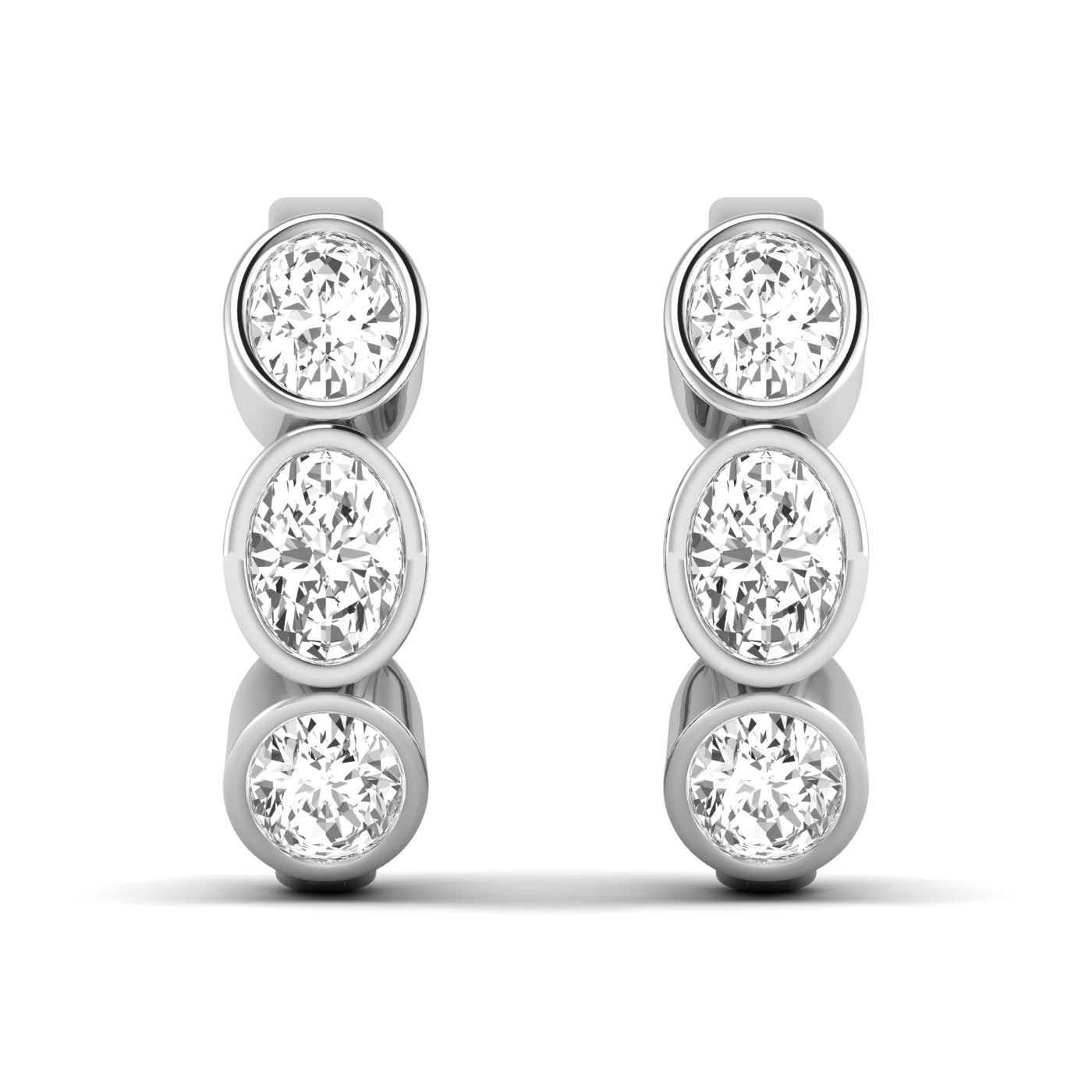 Elegant Trinity oval bezel diamond earrings featuring three oval-shaped diamonds set in a sleek bezel design, offering a modern and sophisticated look | White Gold | Front View