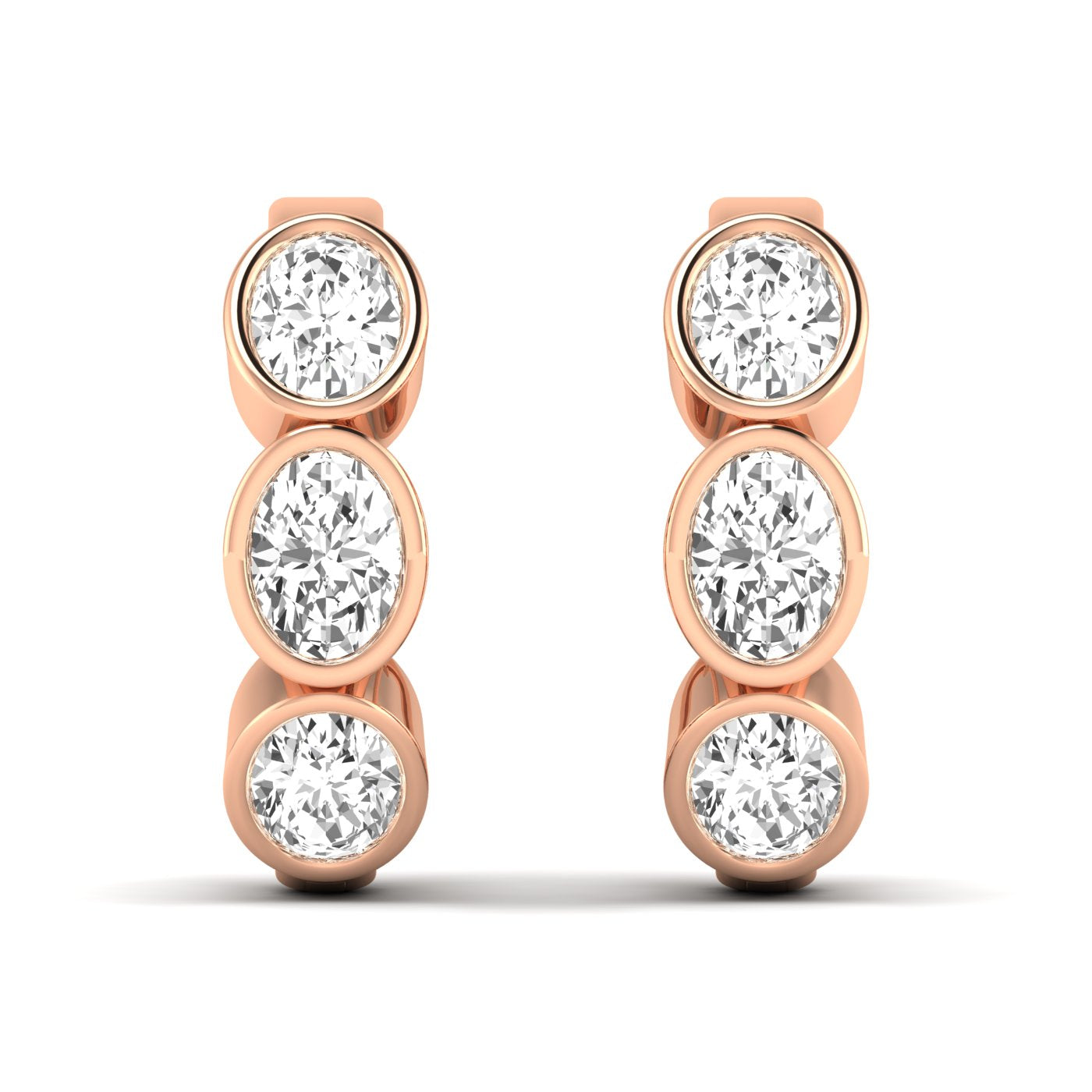 Elegant Trinity oval bezel diamond earrings featuring three oval-shaped diamonds set in a sleek bezel design, offering a modern and sophisticated look | Rose Gold | Front View