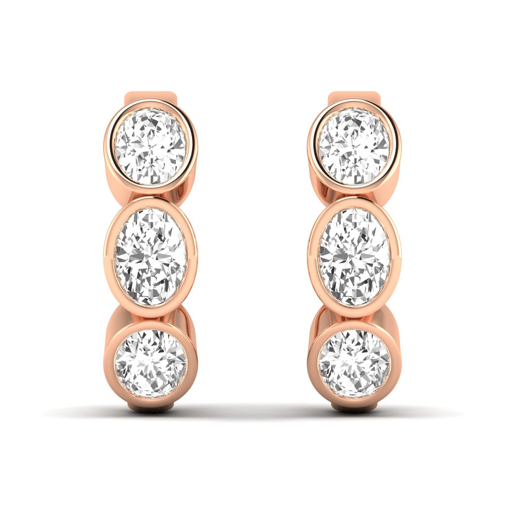 Elegant Trinity oval bezel diamond earrings featuring three oval-shaped diamonds set in a sleek bezel design, offering a modern and sophisticated look | Rose Gold | Front View