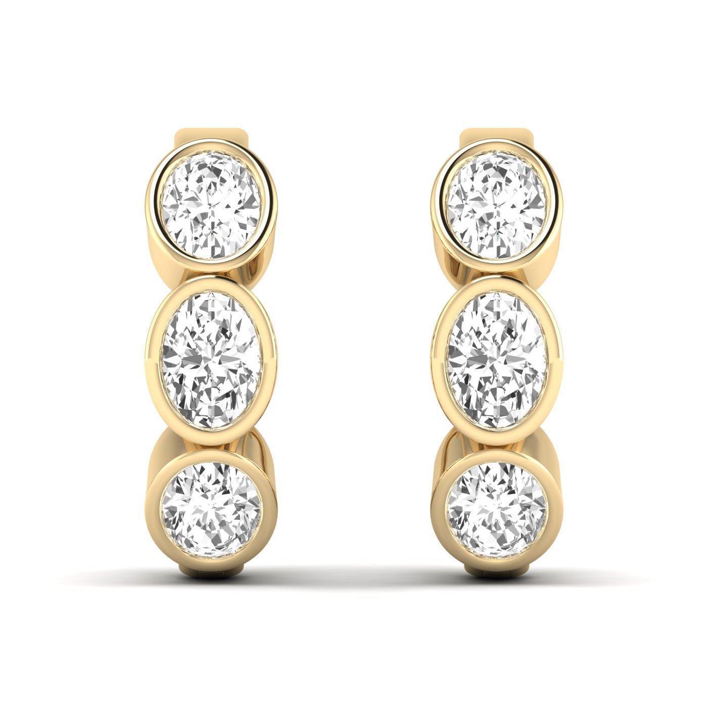 Elegant Trinity oval bezel diamond earrings featuring three oval-shaped diamonds set in a sleek bezel design, offering a modern and sophisticated look | Yellow Gold | Front View