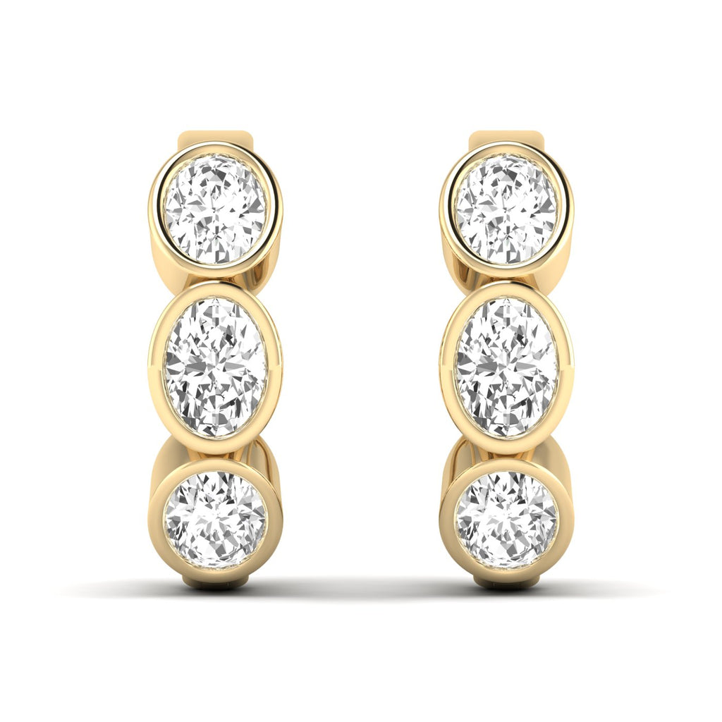 Elegant Trinity oval bezel diamond earrings featuring three oval-shaped diamonds set in a sleek bezel design, offering a modern and sophisticated look | Yellow Gold | Front View