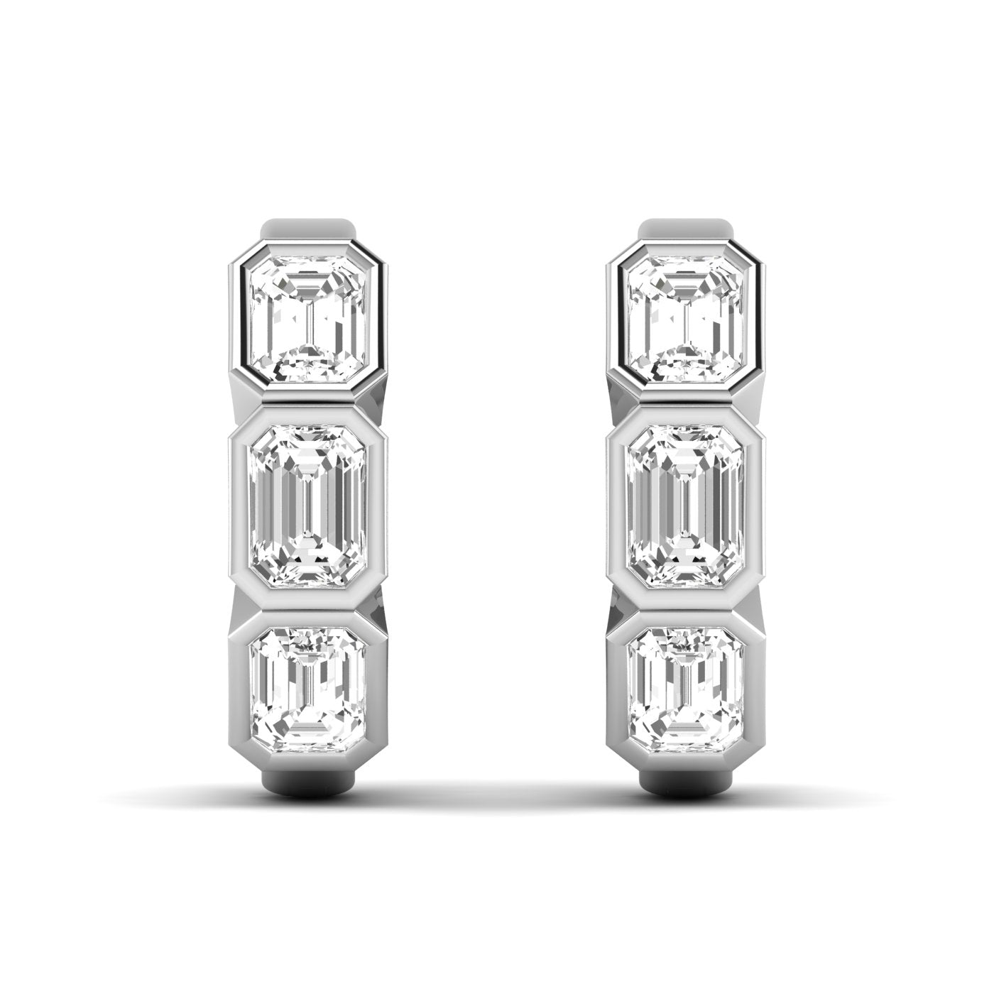 Bold Emerald Cut Bezel Hoop Earrings XL featuring large emerald-cut diamonds set in sleek bezel settings, offering a striking and sophisticated look | White Gold | Front View