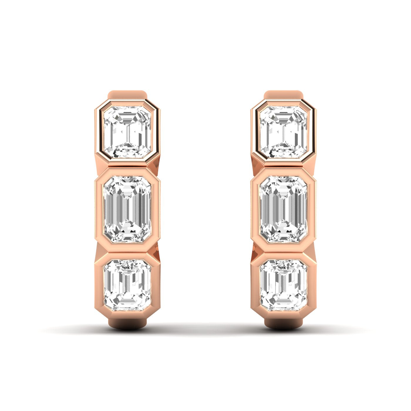 Bold Emerald Cut Bezel Hoop Earrings XL featuring large emerald-cut diamonds set in sleek bezel settings, offering a striking and sophisticated look | Rose Gold | Front View