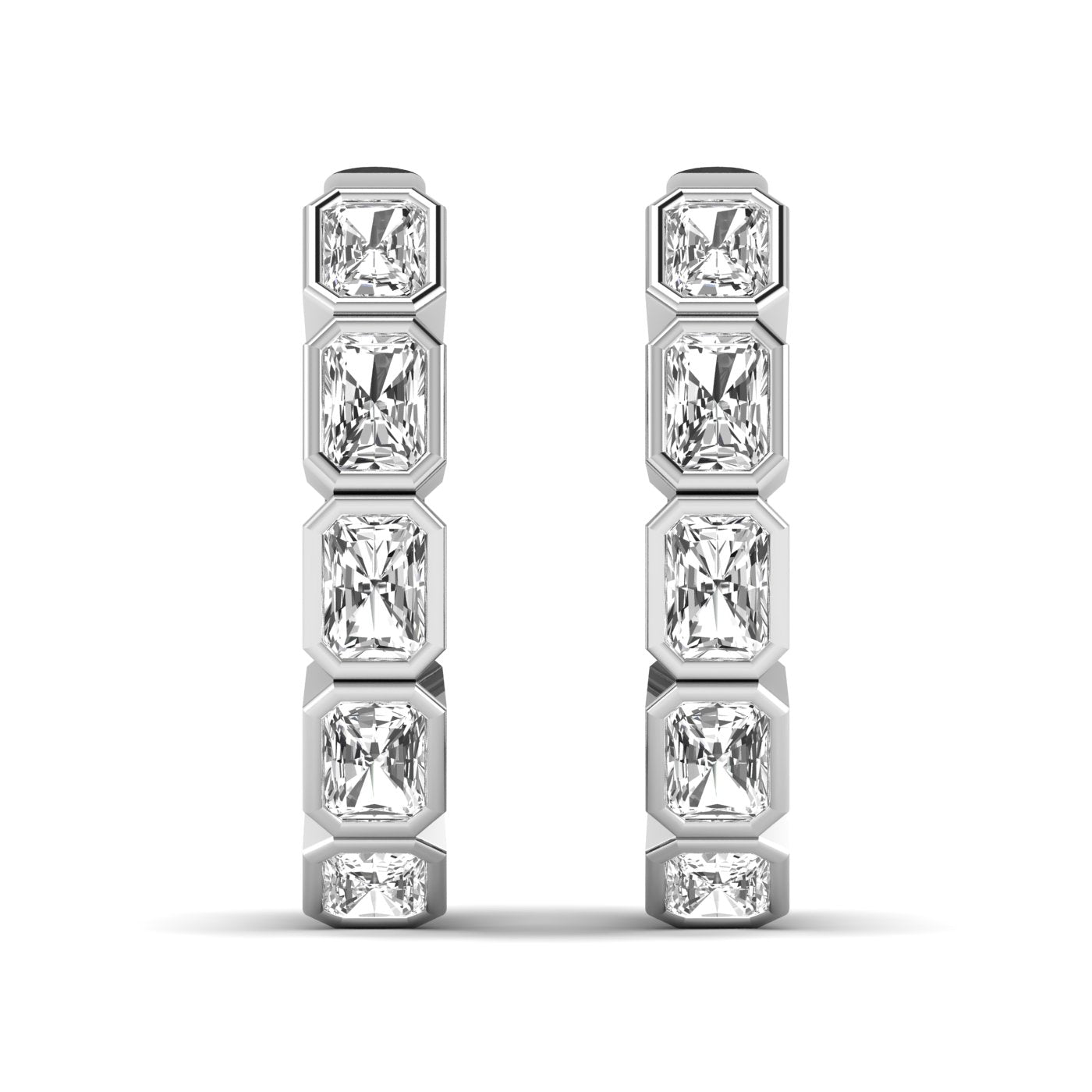 Stunning Radiant Cut Hoops Diamond Earrings featuring sparkling radiant-cut diamonds set in a sleek hoop design, offering a bold and sophisticated look | White Gold | Front View