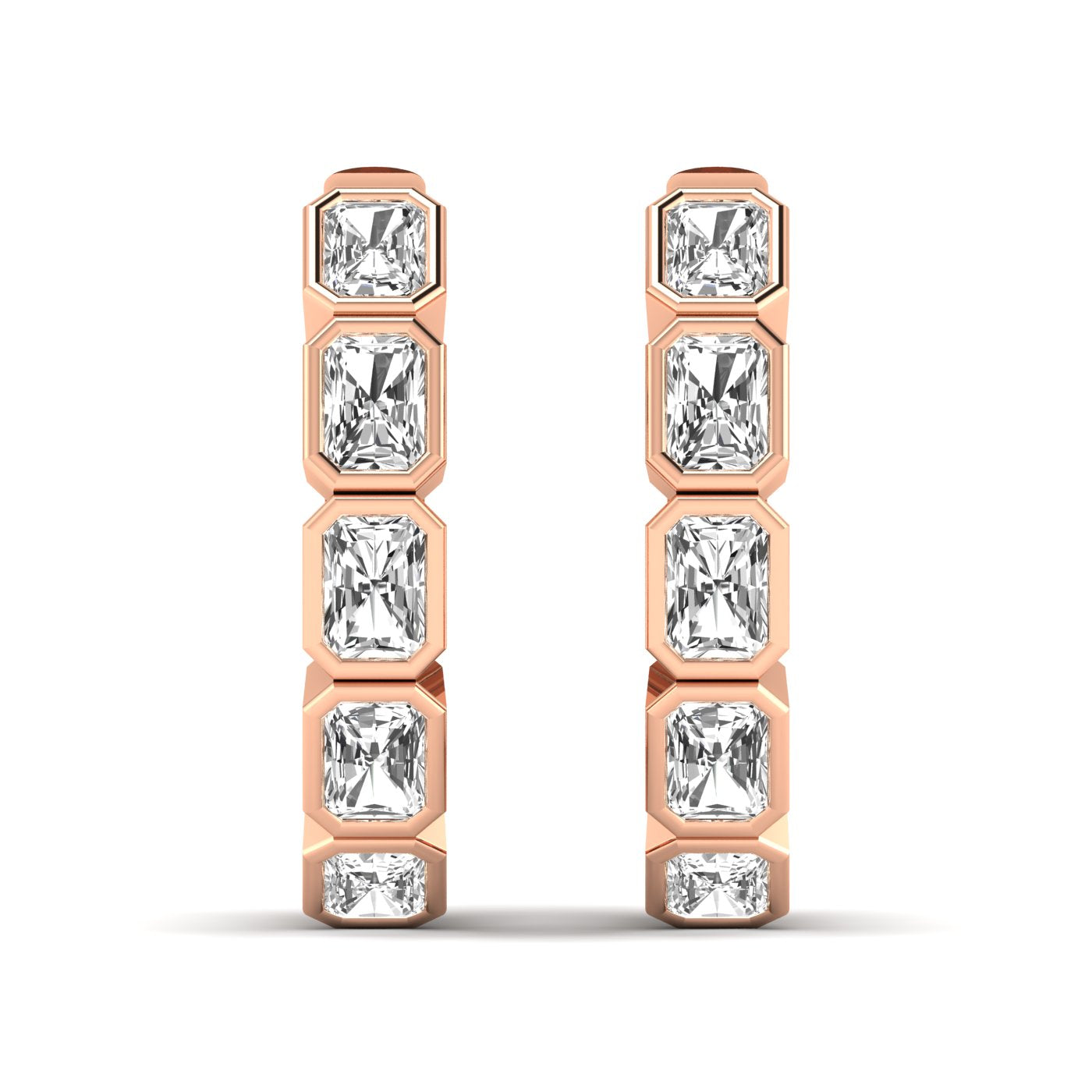 Stunning Radiant Cut Hoops Diamond Earrings featuring sparkling radiant-cut diamonds set in a sleek hoop design, offering a bold and sophisticated look | Rose Gold | Front View