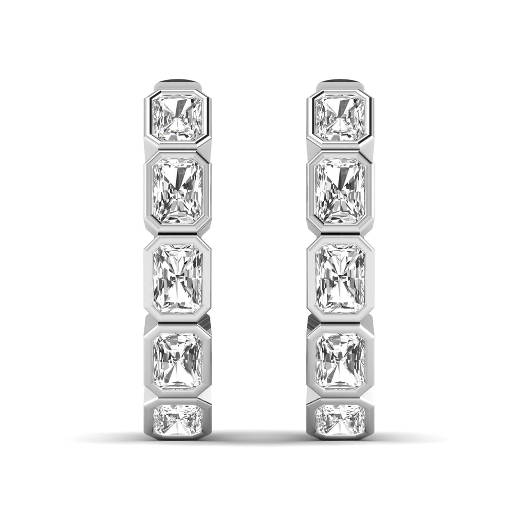 Stunning Radiant Cut Hoops Diamond Earrings featuring sparkling radiant-cut diamonds set in a sleek hoop design, offering a bold and sophisticated look | White Gold | Front View