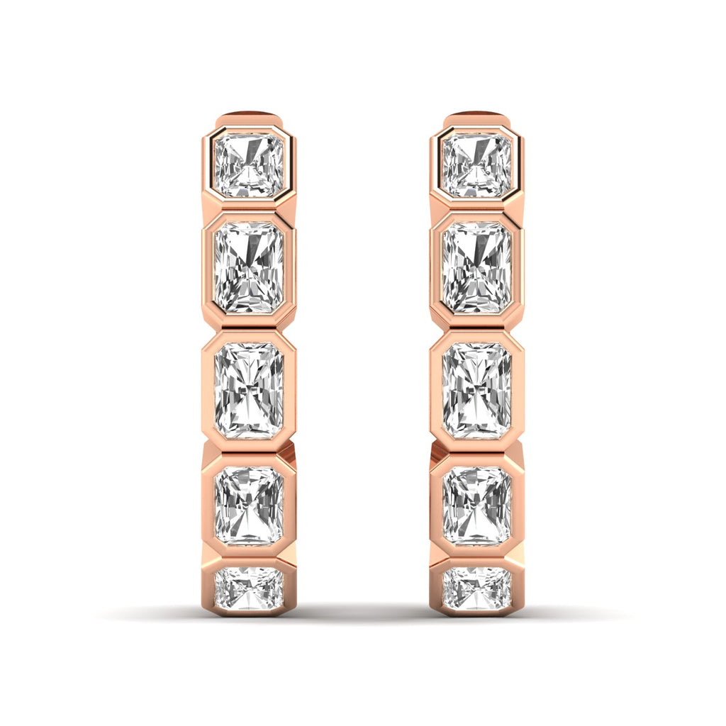 Stunning Radiant Cut Hoops Diamond Earrings featuring sparkling radiant-cut diamonds set in a sleek hoop design, offering a bold and sophisticated look | Rose Gold | Front View