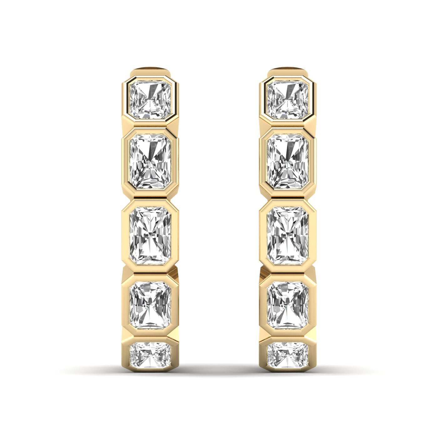 Stunning Radiant Cut Hoops Diamond Earrings featuring sparkling radiant-cut diamonds set in a sleek hoop design, offering a bold and sophisticated look | Yellow Gold | Front View