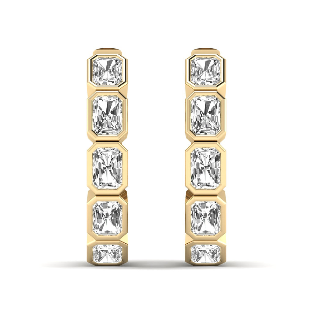 Stunning Radiant Cut Hoops Diamond Earrings featuring sparkling radiant-cut diamonds set in a sleek hoop design, offering a bold and sophisticated look | Yellow Gold | Front View