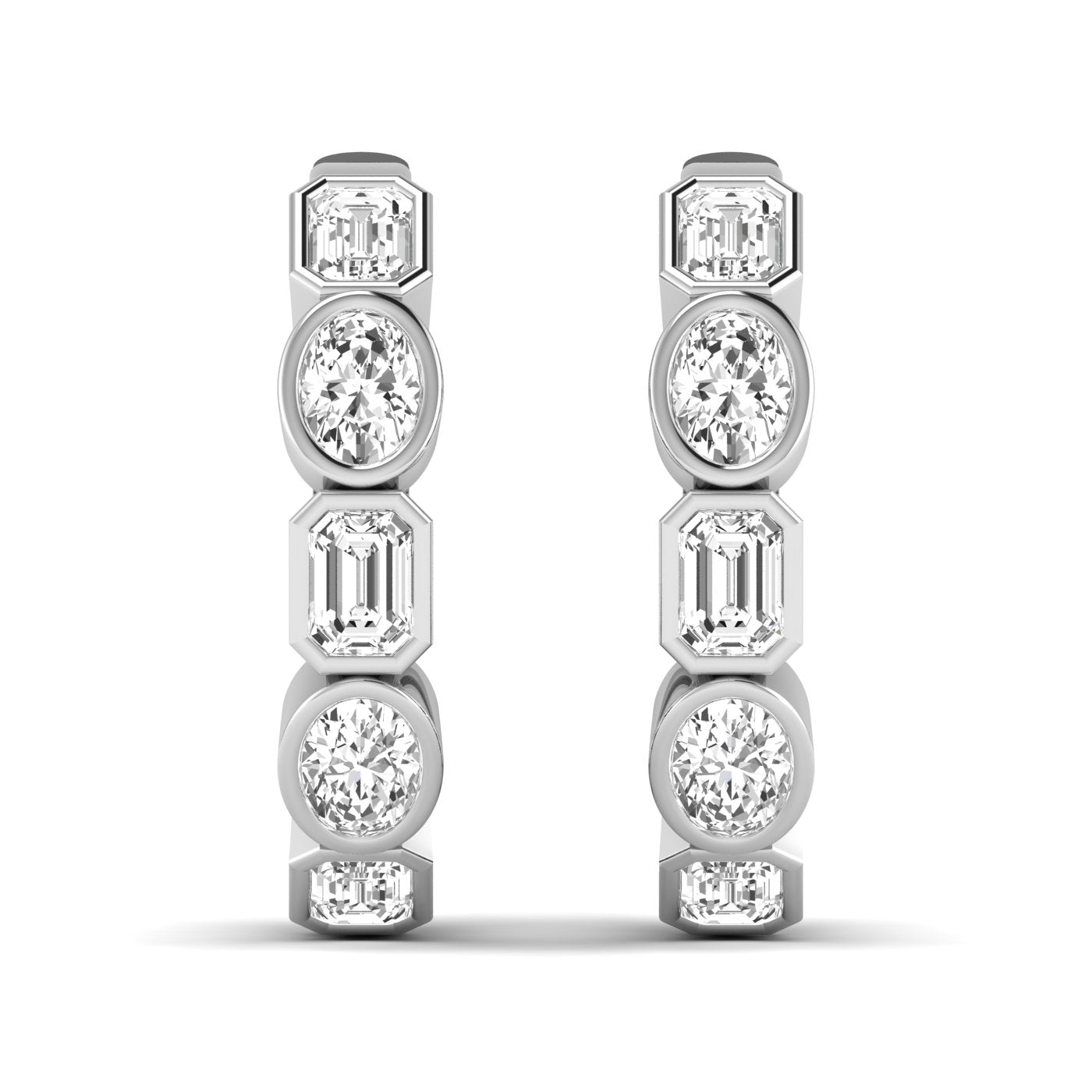 Elegant emerald cut and oval diamond hoop earrings featuring a mix of stunning emerald-cut and oval diamonds, set in high-quality metal for a sophisticated look | White Gold | Front View