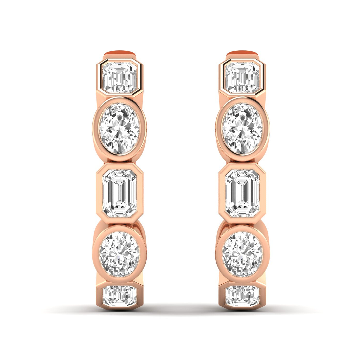 Elegant emerald cut and oval diamond hoop earrings featuring a mix of stunning emerald-cut and oval diamonds, set in high-quality metal for a sophisticated look | Rose Gold | Front View