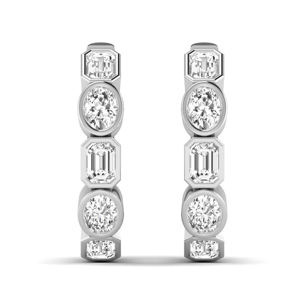 Elegant emerald cut and oval diamond hoop earrings featuring a mix of stunning emerald-cut and oval diamonds, set in high-quality metal for a sophisticated look | White Gold | Front View