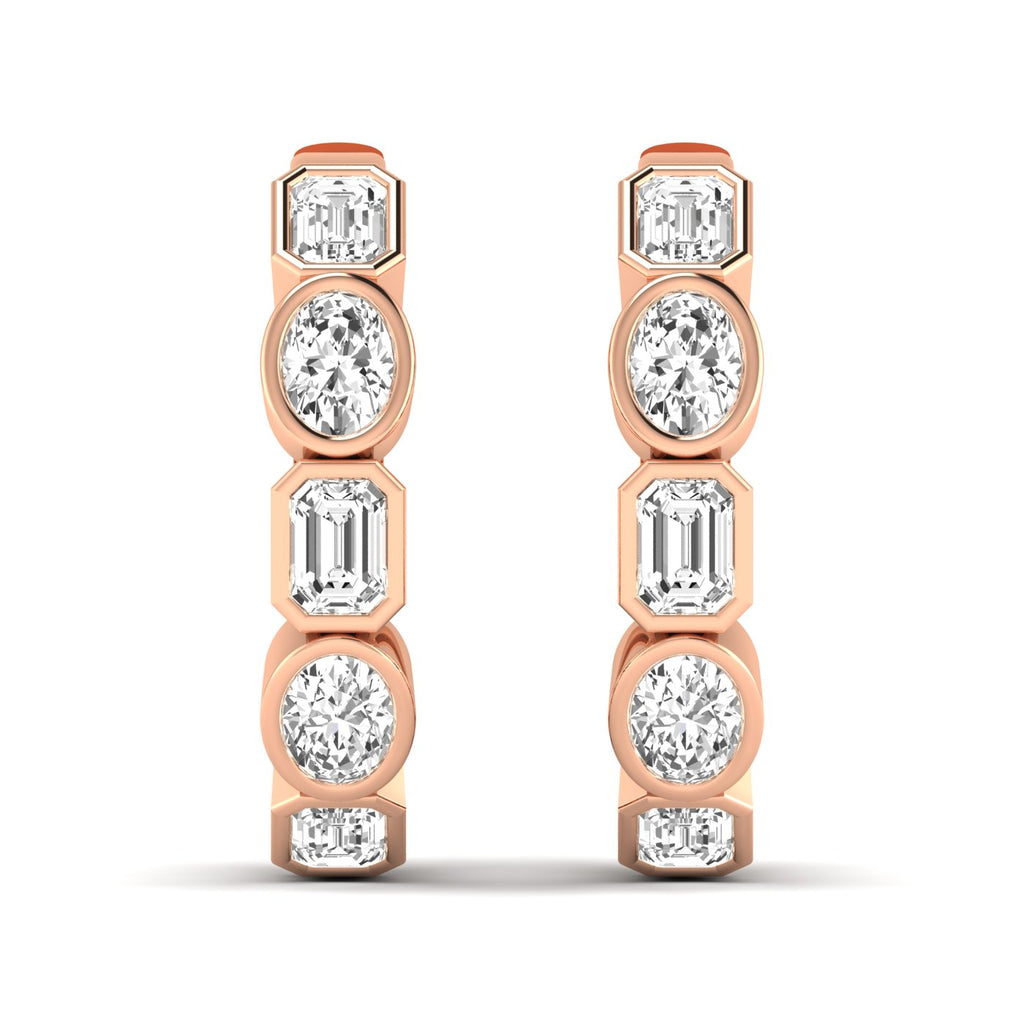 Elegant emerald cut and oval diamond hoop earrings featuring a mix of stunning emerald-cut and oval diamonds, set in high-quality metal for a sophisticated look | Rose Gold | Front View