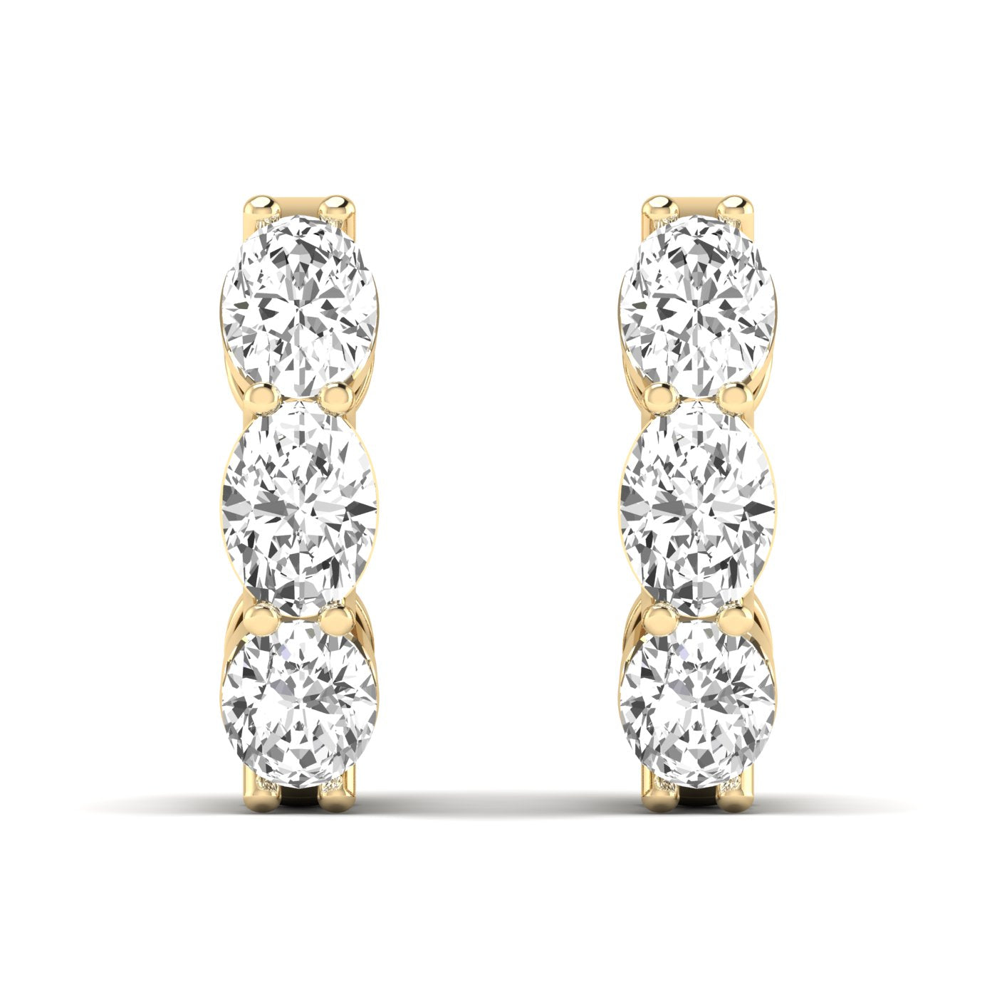 Stunning large oval shared prong diamond earrings featuring radiant oval diamonds set in sleek shared prong settings, offering an elegant and timeless look | Yellow Gold | Front View