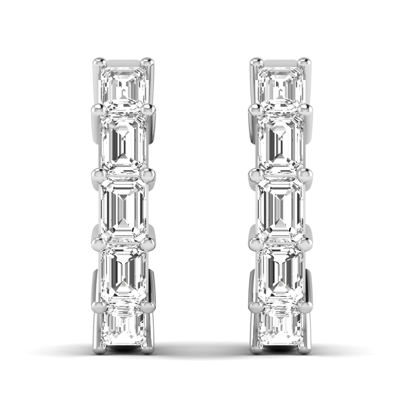 Elegant emerald cut diamond hoop earrings featuring sparkling emerald-cut diamonds set in a sleek metal frame, offering a sophisticated and timeless design | White Gold | Front View