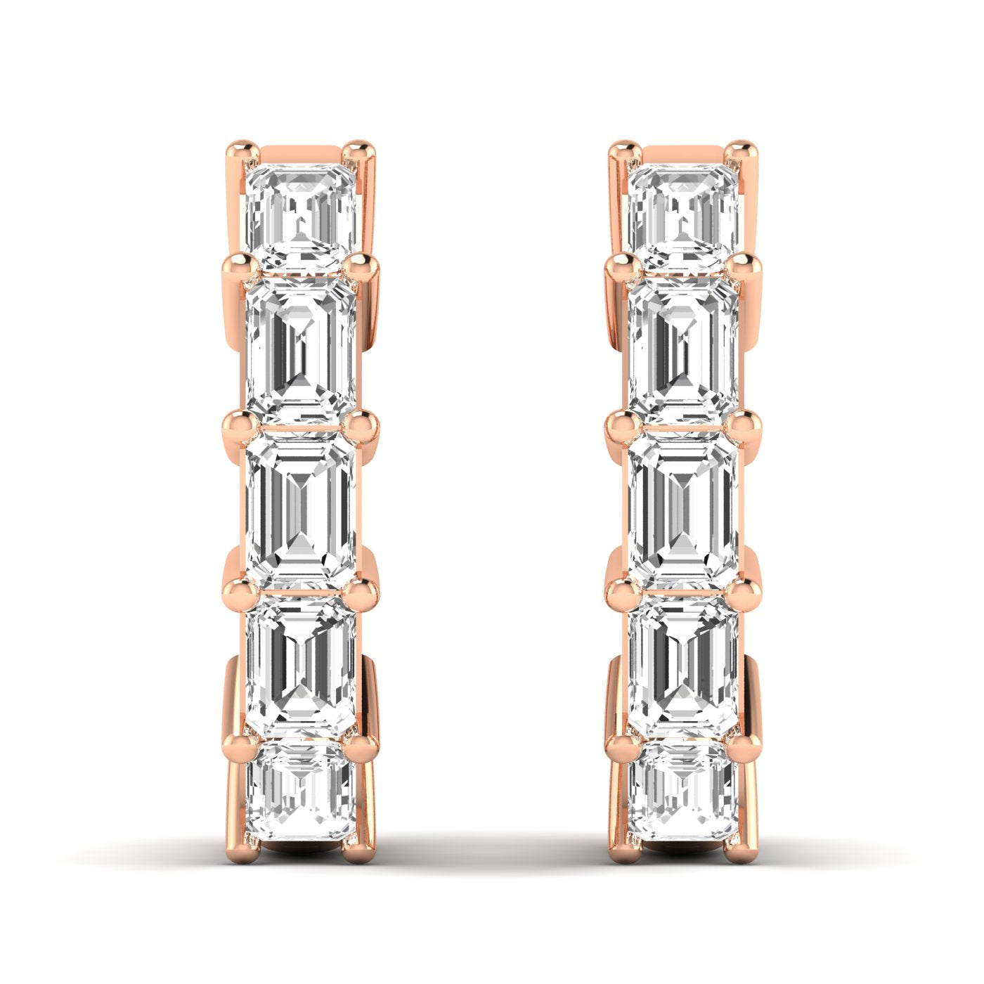 Elegant emerald cut diamond hoop earrings featuring sparkling emerald-cut diamonds set in a sleek metal frame, offering a sophisticated and timeless design | Rose Gold | Front View