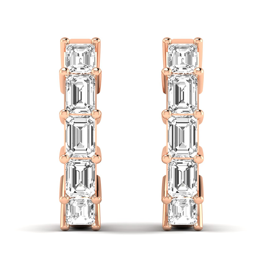 Elegant emerald cut diamond hoop earrings featuring sparkling emerald-cut diamonds set in a sleek metal frame, offering a sophisticated and timeless design | Rose Gold | Front View