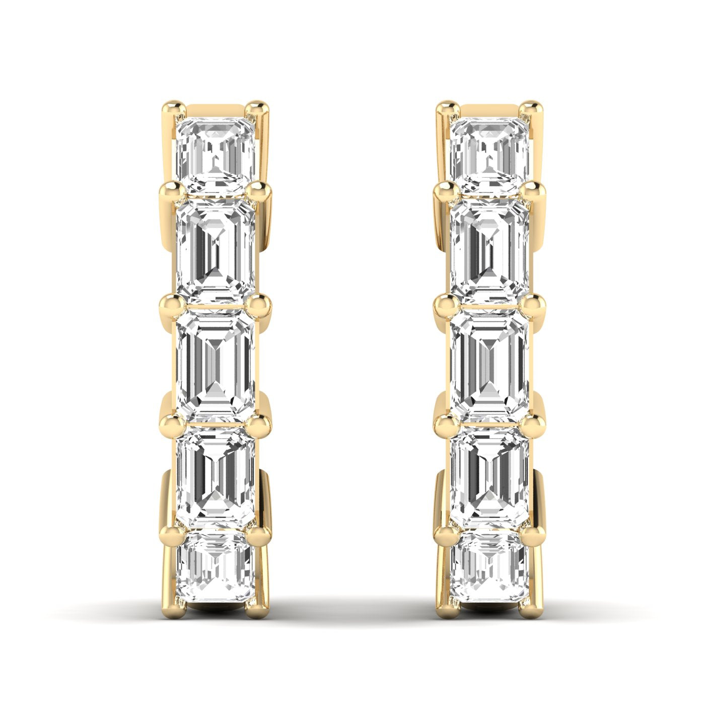 Elegant emerald cut diamond hoop earrings featuring sparkling emerald-cut diamonds set in a sleek metal frame, offering a sophisticated and timeless design | Yellow Gold | Front View