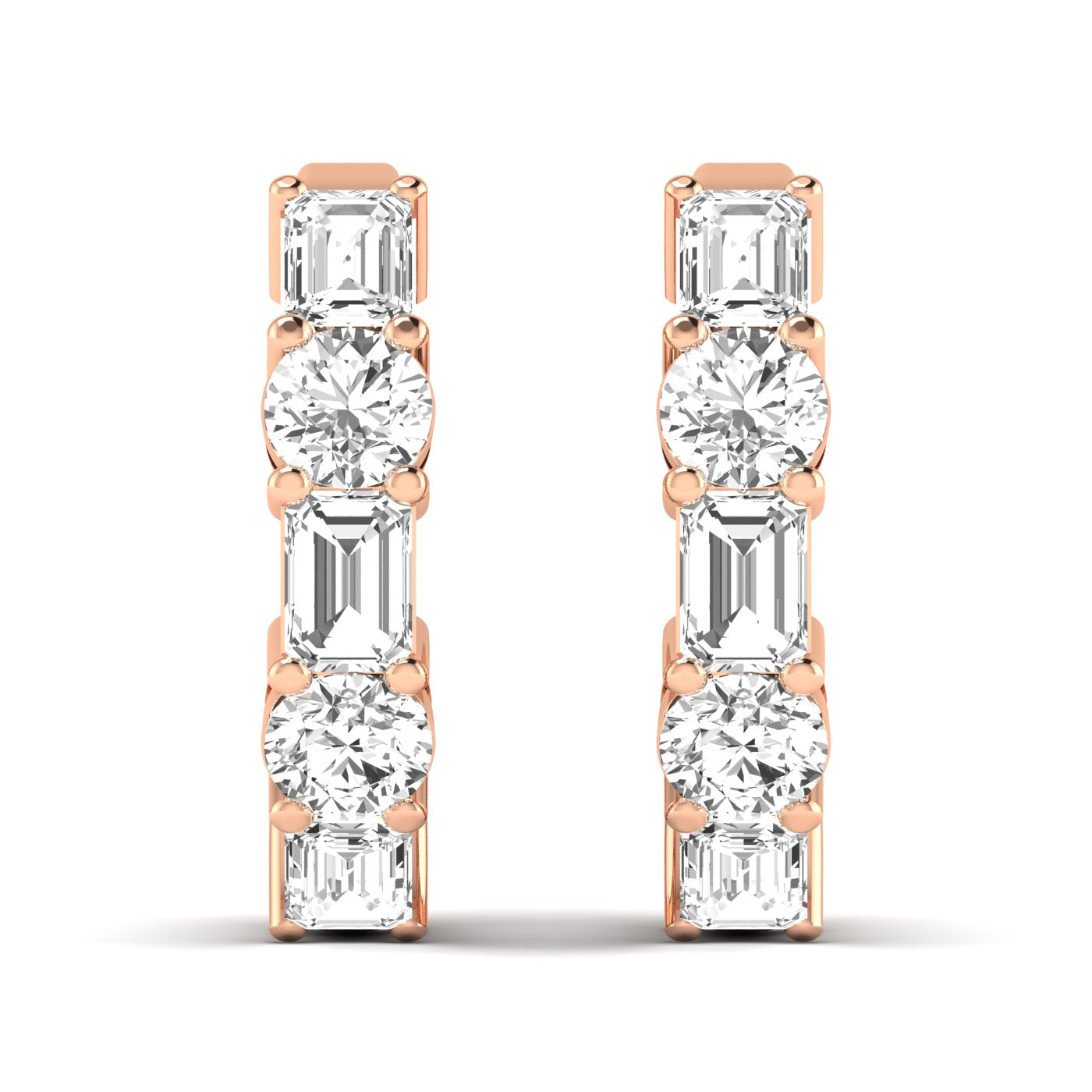 Stylish emerald cut and round shared prong hoop earrings featuring a stunning combination of emerald-cut and round diamonds, set in a sleek prong setting | Rose Gold | Front View