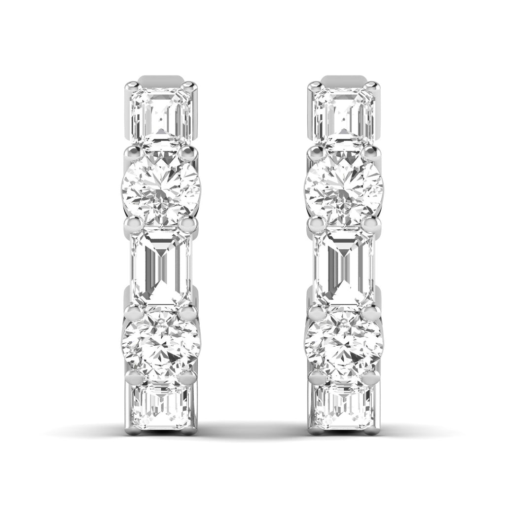 Stylish emerald cut and round shared prong hoop earrings featuring a stunning combination of emerald-cut and round diamonds, set in a sleek prong setting | White Gold | Front View